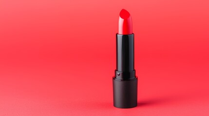 Obraz premium Bold red lipstick in black tube standing upright on bright red background, makeup and beauty product