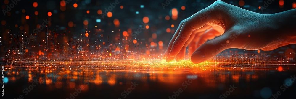 Poster a hand reaching towards a glowing, circular digital interface with lines of light emanating from it.
