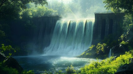 Majestic Waterfall Cascading Over Dam in Lush Green Forest.