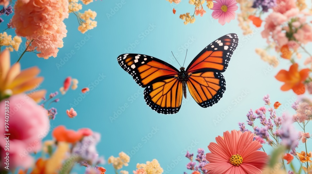 Poster A butterfly emerging from its chrysalis, wings unfurling against a vibrant floral background, symbolizing the beauty and wonder of transformation.