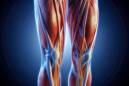 Close-up of a human leg with illuminated fascial lines and fibers, showcasing the complex network of tensor fasciae