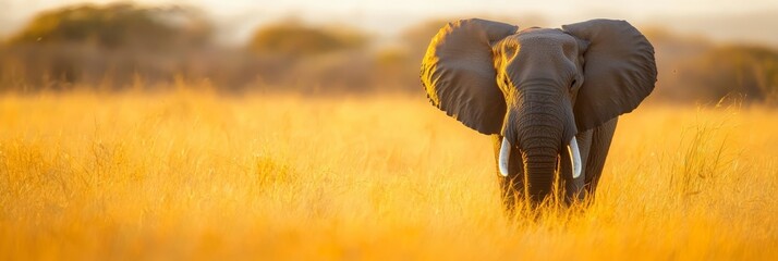  An elephant traverses a field of tall grass, trunk aloft, tusks prominent in the foreground