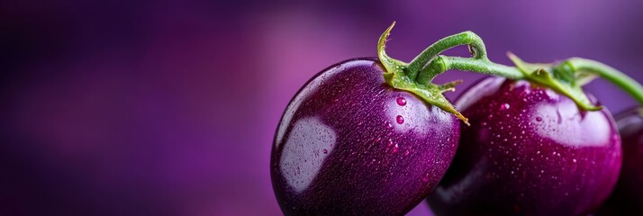  A tight shot of three eggplants, each with droplets of water beading atop their surfaces