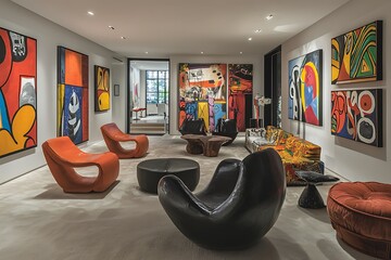 Contmporary furnitur pics in a room adornd with modrn art.