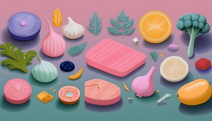 3D illustrations of meat, vegetables, bell peppers, tomatoes, onions, garlic and herbs in cute low polygon shapes in pastel colors.