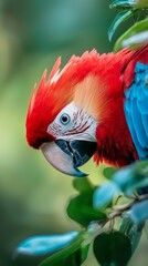 Fototapeta premium A red-and-blue parrot perches on a tree branch, lush with green leaves Adjacent is a tree, its foliage entirely green and dense with leaves