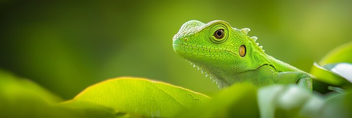 Fototapeta premium A tight shot of a green lizard perched on a leafy branch against a softly blurred, green backdrop