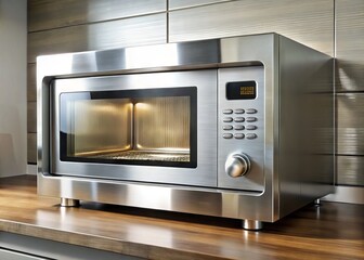 Close-up of a modern kitchen's sleek microwave oven with stainless steel exterior and digital display, ready to cook
