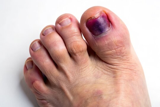 Close-up of a painful swollen toe with a noticeable fracture, bent at an awkward angle, surrounded by purple