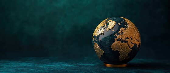 Fototapeta premium Stylish globe sitting on a table, showcasing vibrant earth tones against a dark teal background, perfect for educational themes.