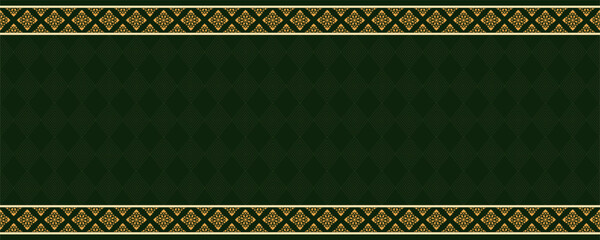 Royal Thai pattern background in green and gold. Elegant Asian border design. Luxurious green silk texture. Traditional green fabric with golden Thai ornamental motifs.