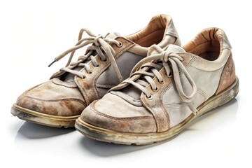 Close-up of a pair of worn-out sport shoes with laces tied and scuff marks, placed on a clean