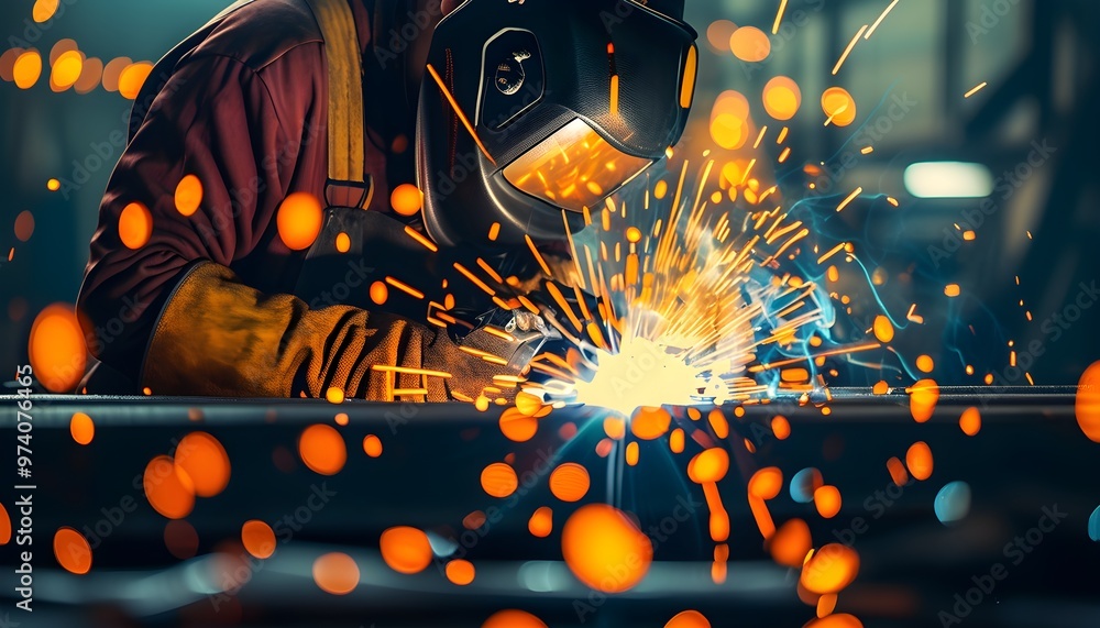 Wall mural sparkling welder in action amidst generative factory background with bokeh effects in the steel indu