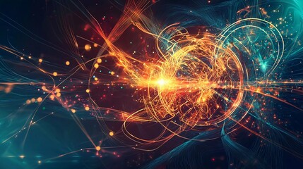 Abstract fiction vector illustration quantum computer technology. Sphere explosion background. Deep learning artificial intelligence. Big data visualization algorithms. Nice waves flow