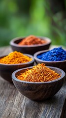  Three bowls, each holding colored powders of distinct types, sit atop a wooden table