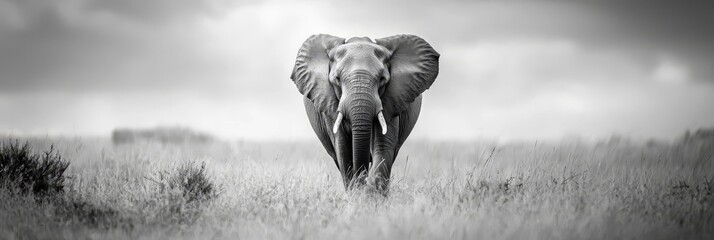 an elephant in a field of tall grass, beneath a cloudy sky