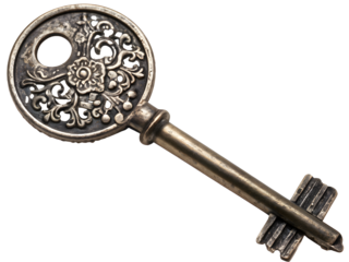 Old tin decorative metal key, isolated over transparent background, vintage.
