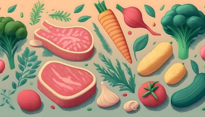 3D render of meat, vegetables, bell peppers, tomatoes, onions, garlic and herbs in cute low polygon shapes in pastel colors.