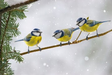 Winter scenery with blue tits bird sitting on the snowy branch(Cyanistes caeruleus)