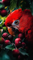  A tight shot of a vibrant red parrot perched on a tree against a backdrop of lush greenery, featuring berries and leaves in the foreground