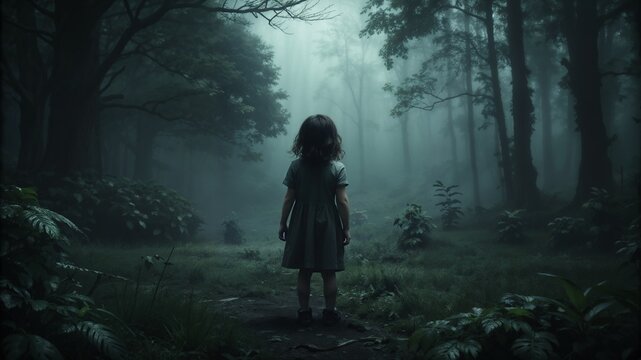 Little girl in a foggy, scary forest illustration