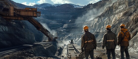 A group of miners observing a large excavation site, highlighting the power and scale of modern mining operations.
