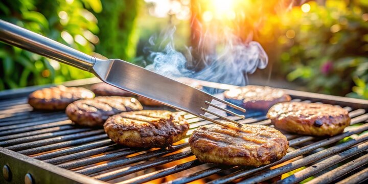 Close-up of a sleek, shiny metal spitter cooking burgers on a charcoal grill at a backyard barbecue on