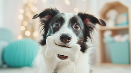 pet catching a soft bone toy, looking a camera, closeup, blurred kids room background animal advertisement  banner