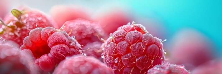  A tight shot of raspberries, each adorned with a pearl-like drop at the peak and base