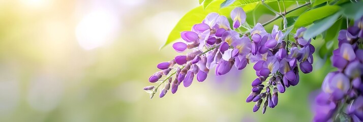  Purple flowers dangle from a verdant, leafy branch against a hazy backdrop of green foliage