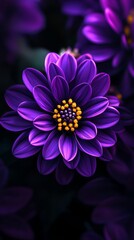  A close-up of a purple flower with yellow stamens in its center