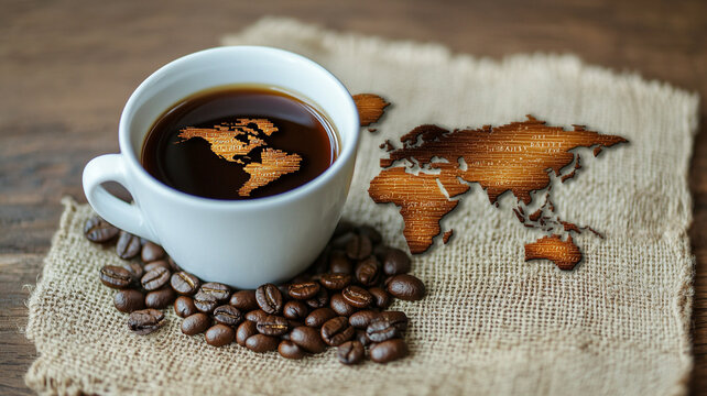 Coffee cup with world map design on International Coffee Day celebration