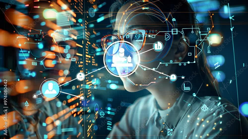 Poster exploring innovative technology and data visualization in a modern workspace at night