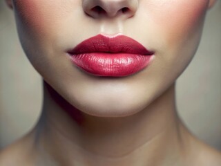 Fototapeta premium Close-up of a subtle, delicate mouth with thin, pressed lips, slightly pursed, against a soft, blurred background,