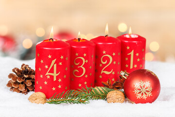 Fourth 4th Sunday in advent with burning candle Christmas time decoration with copyspace copy space