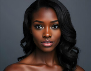 Fototapeta premium African woman model, wavy hair, beautiful makeup, studio shot, gray background, close-up of face, full lips, beautiful eyes looking at camera, fashion