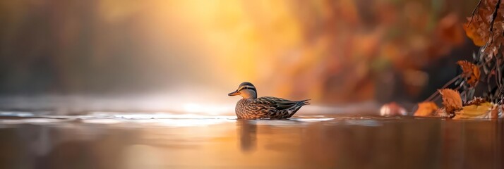 Obraz premium A duck floats on a body of water adjacent to a forest, its leaves predominantly orange and yellow