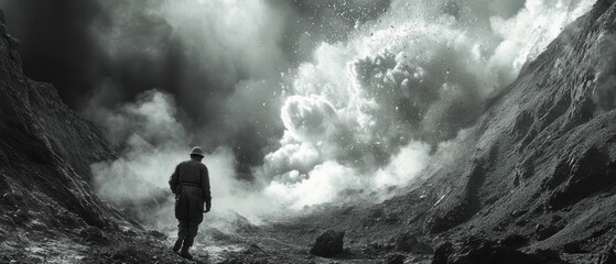 Obraz premium A solitary figure stands in a dramatic landscape, engulfed by swirling clouds and shadows, evoking a sense of mystery and introspection.