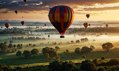 inspiring beautiful landscape with hot air balloons