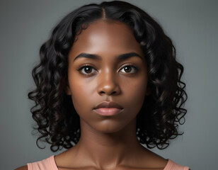 African woman model, wavy hair, beautiful makeup, studio shot, gray background, close-up of face, full lips, beautiful eyes looking at camera, fashion
