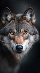Fototapeta premium A wolf's face, tightly focused and intense, against a black backdrop