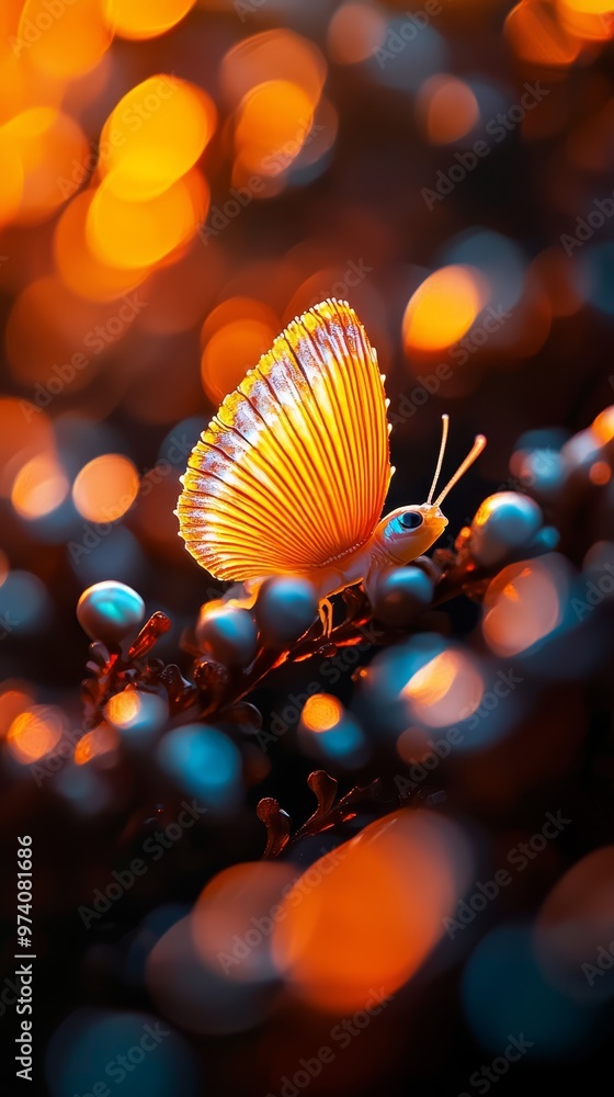 Canvas Prints a yellow butterfly atop blue and orange spheres against a blurred background