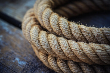 Macro shot of a coiled natural fiber rope, showing the detailed texture of the rugged strands, ideal for representing strength, durability, and traditional craftsmanship
