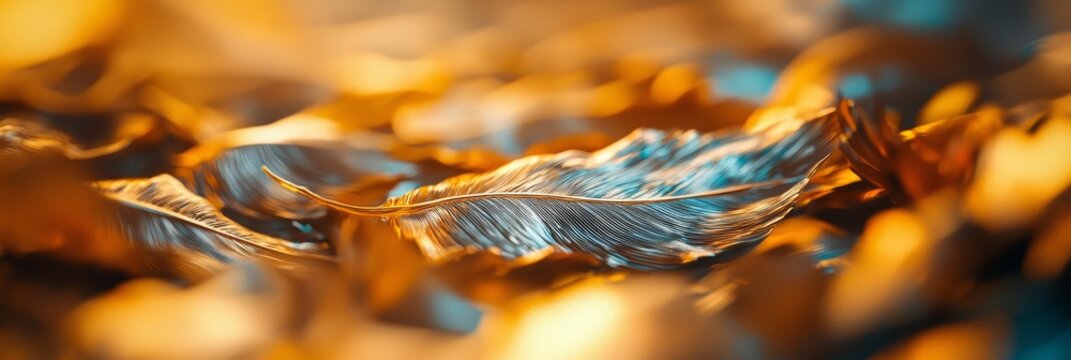  A clearer rendering of a solitary, blue-gold feather against a harmonious backdrop of blue and gold, accompanied by a less distinct depiction of the same feather on the