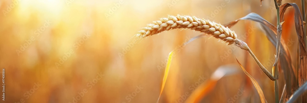 Poster a tight shot of a wheat stalk bathed in sunlight against a backdrop of sun-kissed grass and neighbor