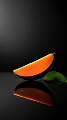  A crisp fruit piece with a leaf, against a black backdrop Light reflections illuminate the texture