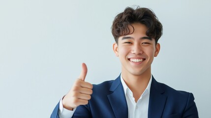 Young man in a blue suit gives a thumbs-up while smiling in a bright office environment during daytime.