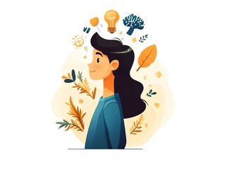 Creative illustration of a thoughtful woman surrounded by symbols of ideas and nature, representing inspiration and creativity.