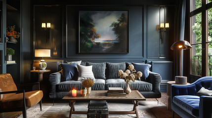 Living room with a moody color palette of dark charcoal and deep blue, featuring a velvet sofa and warm wooden accents. home interior design concept 