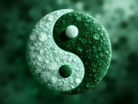 Green yin yang symbol with textured droplets highlighting balance and harmony in a serene abstract background